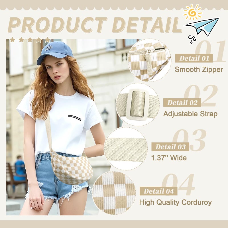 EVGLOW Corduroy Crescent Crossbody Bag for Women Checkered Purses Trendy Men,Small Hobo Sling bag Half Moon Checkered Shoulder Bag,Round Lightweight Waist Fanny Pack with Zip for Travel Daily Use(Khaki) - Image 4