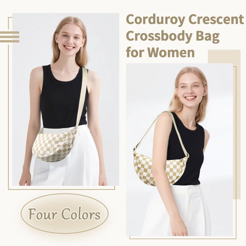 EVGLOW Corduroy Crescent Crossbody Bag for Women Checkered Purses Trendy Men,Small Hobo Sling bag Half Moon Checkered Shoulder Bag,Round Lightweight Waist Fanny Pack with Zip for Travel Daily Use(Khaki) - Image 5