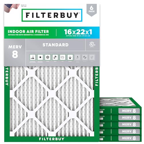 Filterbuy 16x22x1 Air Filter MERV 8 Essential Dust Allergy Defense 6Pack Electrostatic Pleated HVAC AC Furnace Filters Replacement Made in USA Actual Size 1550 x 2150 x 075 - Image 1