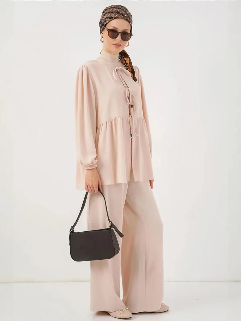 Big Dart Cream Natural BDART Crew Neck Long Tunic and Wide Leg Pants Set for Women | Best Price UAE