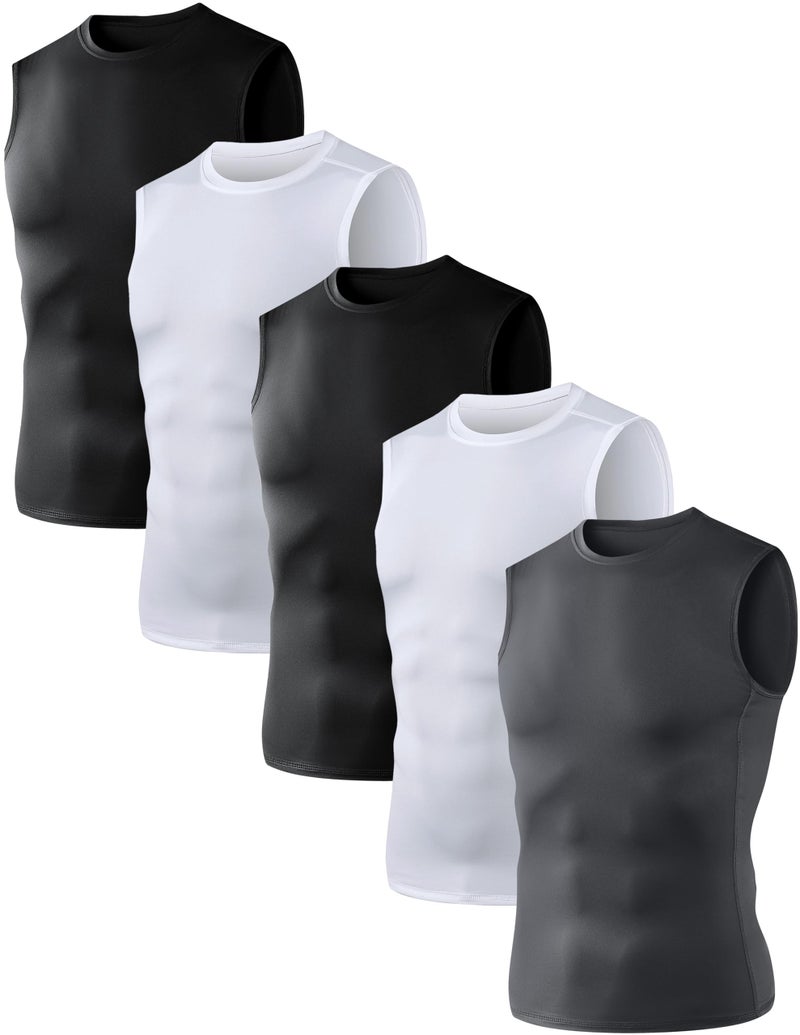 OYGSieg 5 Pack Men's Athletic Compression Shirts Sleeveless Tank Top Base Layer Sports Workout Shirts for Basketball B M - Image 1