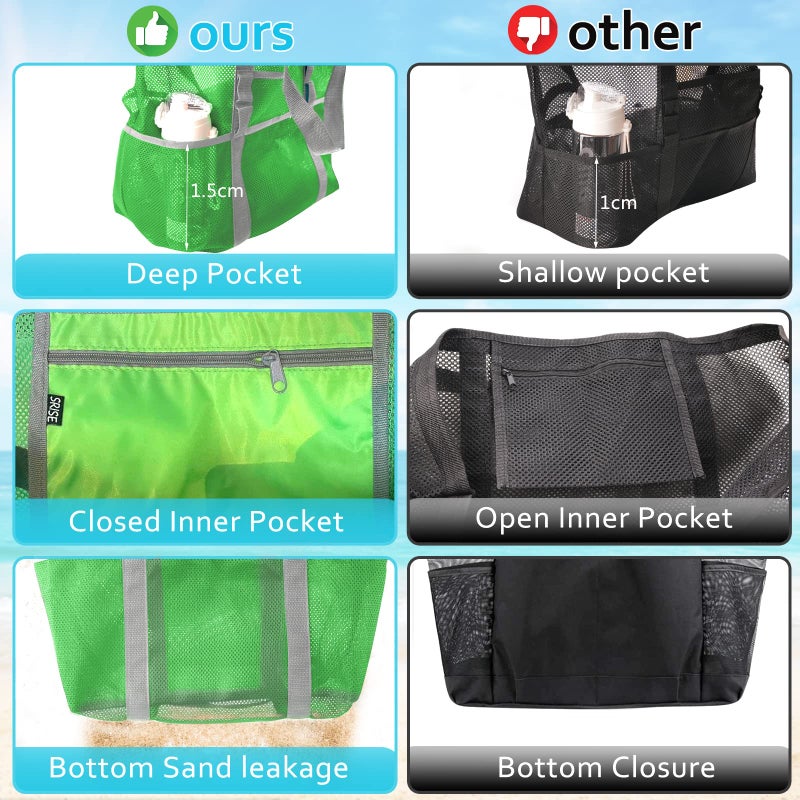 SRISE Mesh Beach Tote for Family - Large Beach Bag for Toys & Vacation Essentials - Green - Image 3