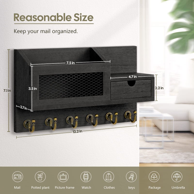 FifthQuarter Key and Mail Holder for Wall, Mail Organizer Wall Mount with 6 Hooks and Storage Drawer, Easy Installation Key Rack for Entryway and Home Decor (B-Black) - Image 2