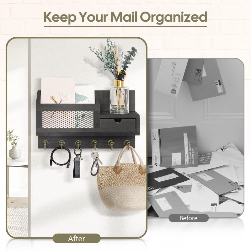 FifthQuarter Key and Mail Holder for Wall, Mail Organizer Wall Mount with 6 Hooks and Storage Drawer, Easy Installation Key Rack for Entryway and Home Decor (B-Black) - Image 3
