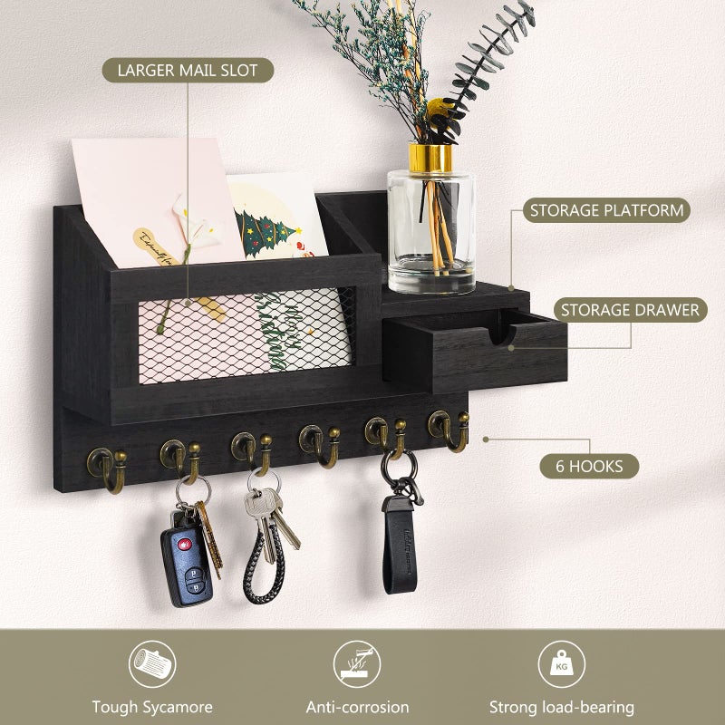 FifthQuarter Key and Mail Holder for Wall, Mail Organizer Wall Mount with 6 Hooks and Storage Drawer, Easy Installation Key Rack for Entryway and Home Decor (B-Black) - Image 5