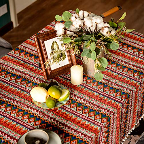 SUTAVIA Red Boho Tablecloth Pompom Tassel Table Cloths Exquisite Bohemian Table Cover Rustic Farmhouse Table Cover for Home Holiday Banquet Dining Room Decor (Red, Rectangle, 60"x84") - Image 3
