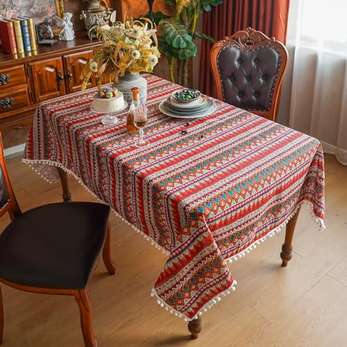 SUTAVIA Red Boho Tablecloth Pompom Tassel Table Cloths Exquisite Bohemian Table Cover Rustic Farmhouse Table Cover for Home Holiday Banquet Dining Room Decor (Red, Rectangle, 60"x84") - Image 5