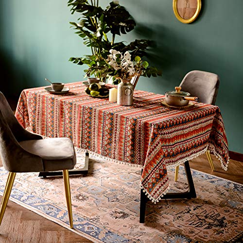 SUTAVIA Red Boho Tablecloth Pompom Tassel Table Cloths Exquisite Bohemian Table Cover Rustic Farmhouse Table Cover for Home Holiday Banquet Dining Room Decor (Red, Rectangle, 60"x84") - Image 2