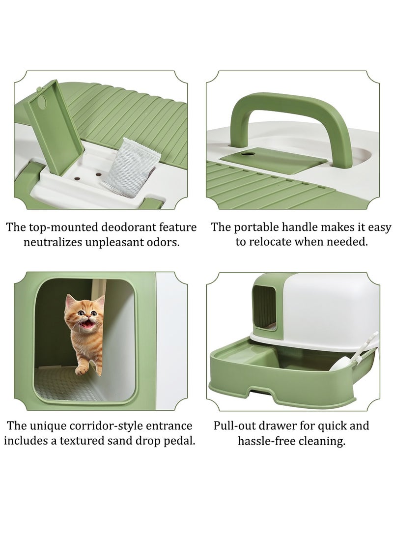 MAJIBAO Enclosed cat litter box for indoor cats, Durable plastic cat litter box with Corridor type, Drawer design, Portable handle, Deodorant filter, and Litter scoop, Easy to clean 58 cm (Green)  - Image 3