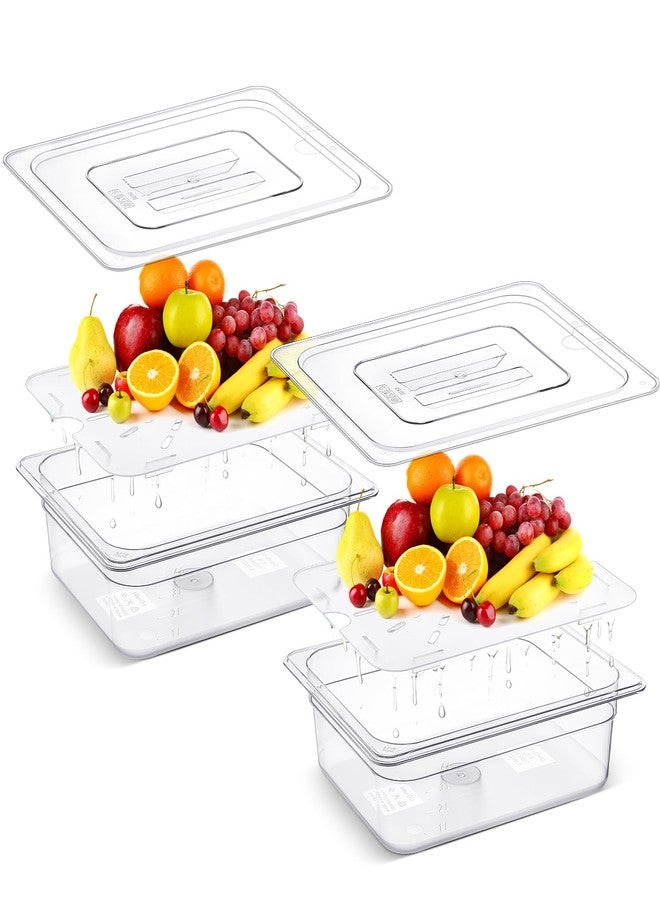 Zhehao 2 Pack Half Size PET Food Pans Set 4'' Deep Clear Hotel Pans with Lids and Drain Shelf Food Storage Container for Kitchen Fruit Vegetable Restaurant Supplies (12.8 x 10.4 Inch) - Image 1