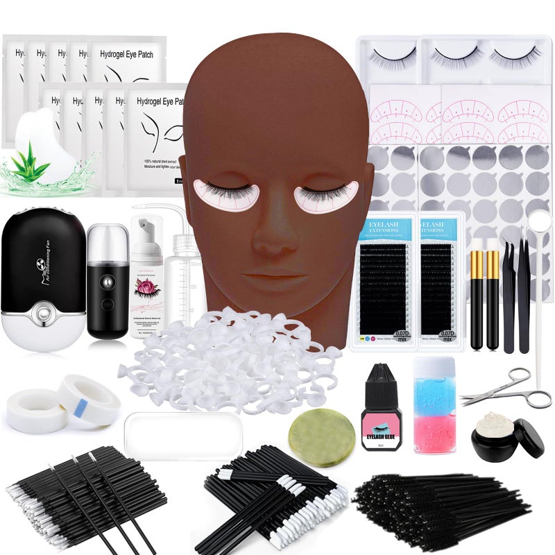 Lash Extension Kit Professional Eyelash Extensions Supplies Training for Beginners Mannequin Head Grafting Lash USB Fan Lash Shampoo Brush Spraye 007D Curl Mix 815mm Practice Eyelash Strips