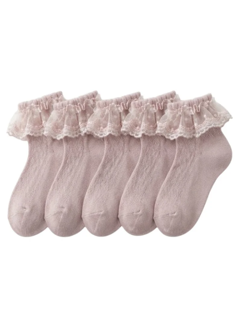 Bidani Baby Girl Eyelet Lace Ruffle Ankle Socks 5 Pairs - Dusty Pink