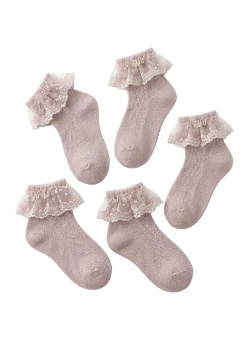 Bidani Baby Girl Eyelet Lace Ruffle Ankle Socks 5 Pairs - Dusty Pink