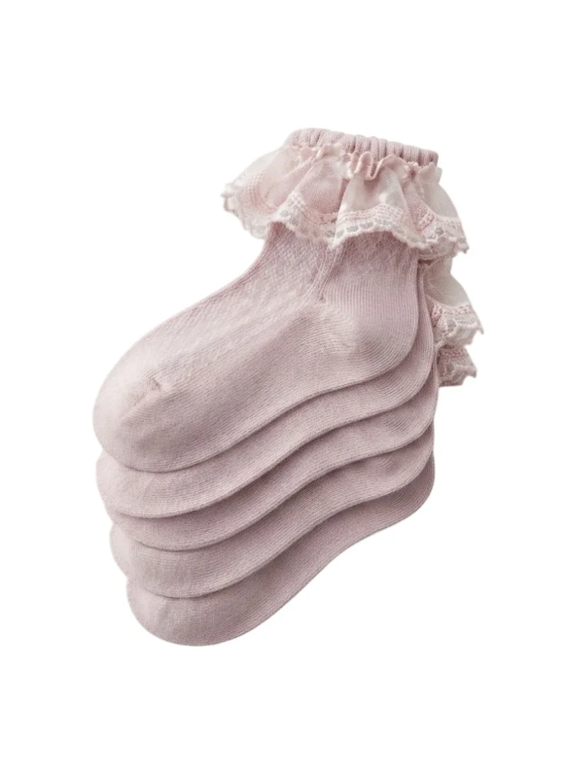 Bidani  Baby Girl Eyelet Lace Ruffle Ankle Socks 5 Pairs - Dusty Pink for Women | Best Price UAE