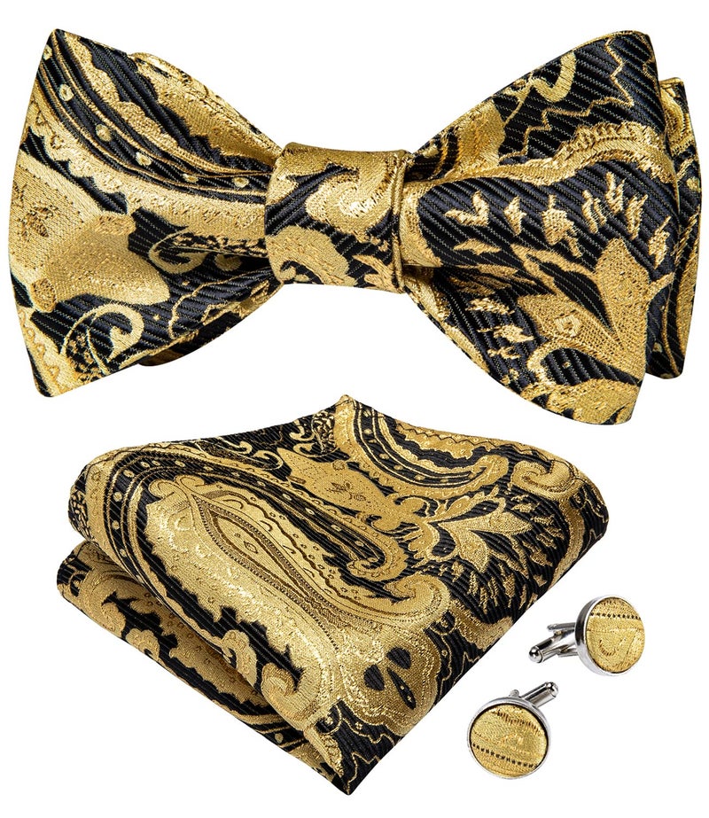 DiBanGu Gold Bow Ties for Men Self Tie Bow Tie and Pocket Square Cuffllinks Set Formal Business Wedding - Image 1