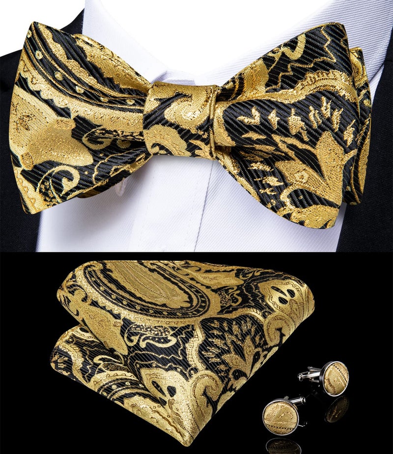 DiBanGu Gold Bow Ties for Men Self Tie Bow Tie and Pocket Square Cuffllinks Set Formal Business Wedding - Image 2