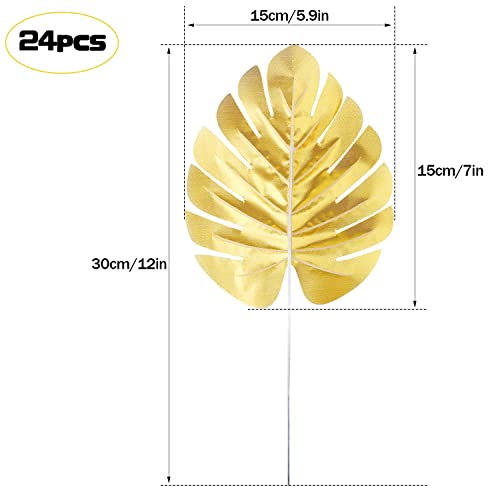 CCINEE 24PCS Golden Artificial Palm Leaves Faux Monstera Leaves Simulation Safari Leaves with Stems for Home Hawaiian Luau Party Jungle Beach Theme Party Decoration - Image 3