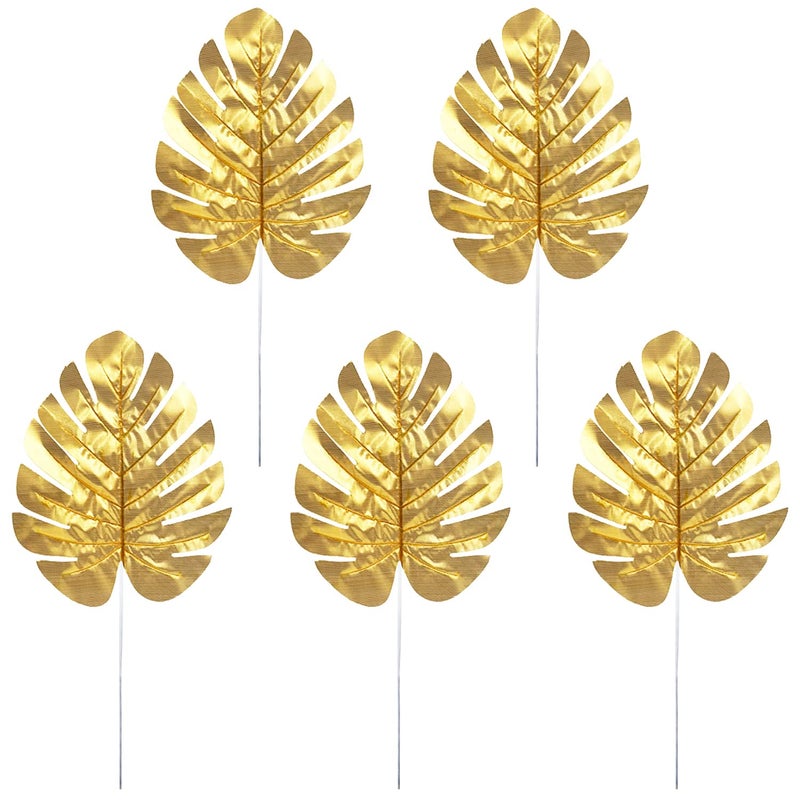 CCINEE 24PCS Golden Artificial Palm Leaves Faux Monstera Leaves Simulation Safari Leaves with Stems for Home Hawaiian Luau Party Jungle Beach Theme Party Decoration - Image 2