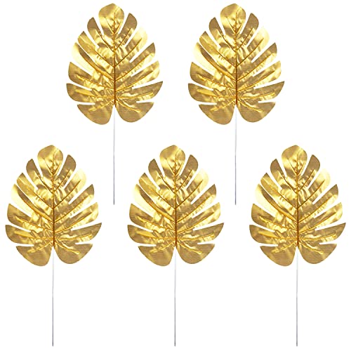 CCINEE 24PCS Golden Artificial Palm Leaves Faux Monstera Leaves Simulation Safari Leaves with Stems for Home Hawaiian Luau Party Jungle Beach Theme Party Decoration - Image 1