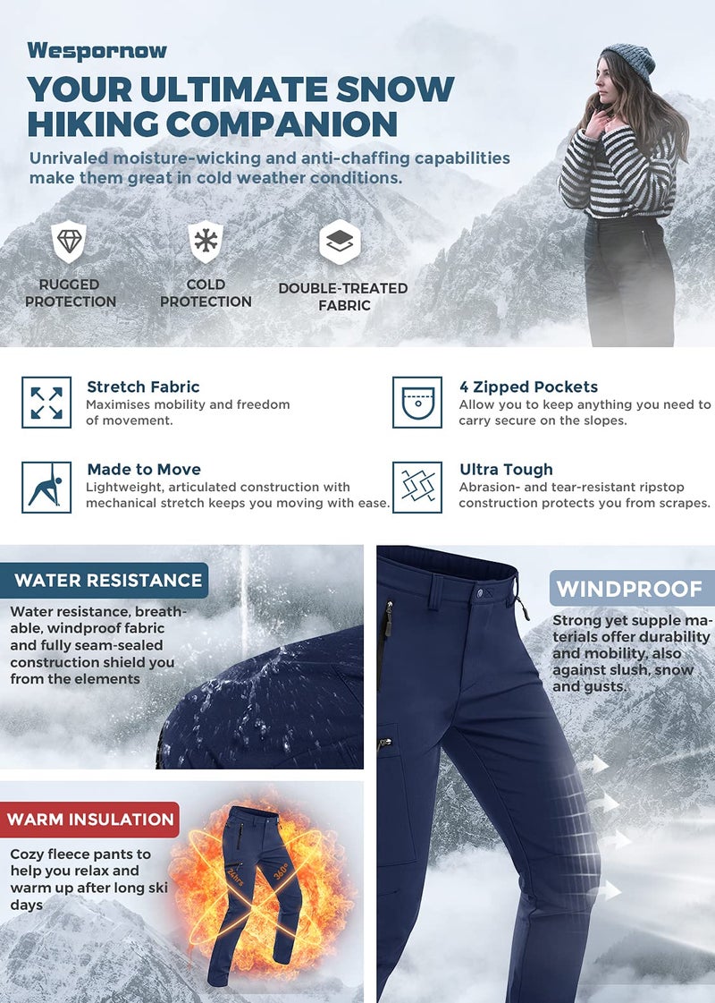Wespornow Women's-Fleece-Lined-Hiking-Pants Snow-Ski-Pants Water-Resistance-Outdoor-Softshell-Insulated-Pants for Winter (Navy, Large) - Image 4