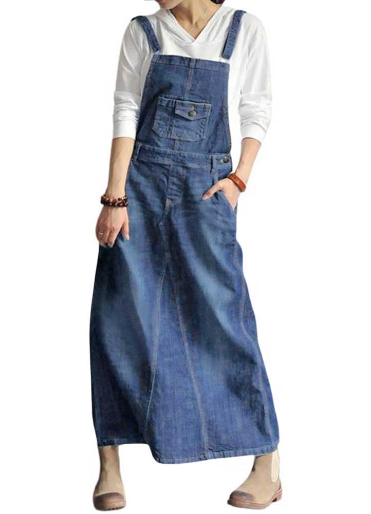 chouyatou Women's Vintage Adjustable Strap Denim Overall Dress Distressed A-Line Pinafore Bib Jean Dress (Medium, Dark Blue)