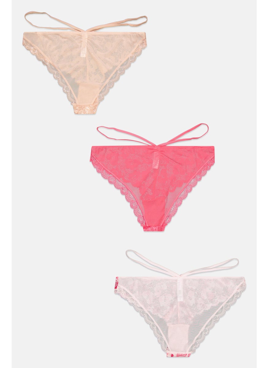 French Affair Women 3 Piece Textured Panties, Pink 