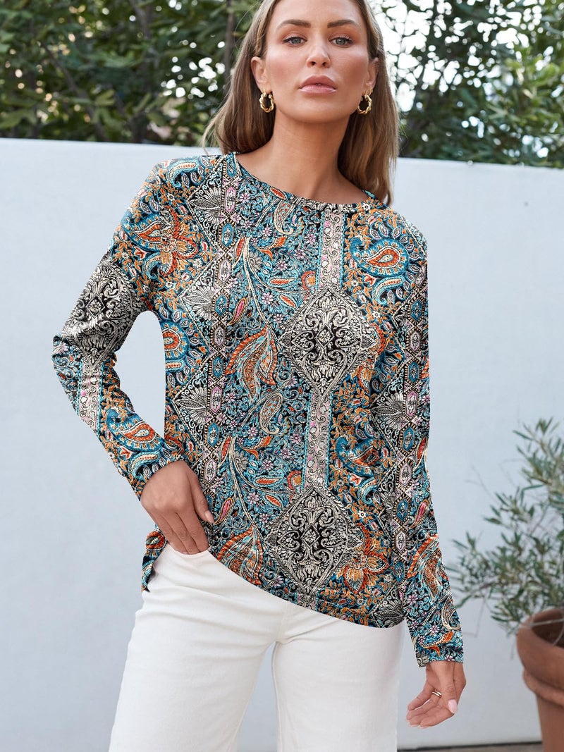 AUTOMET Womenâ€˜s Basic Long Sleeve Crewneck, Plus Size Winter & Spring Top, Casual Fall Tee for Teacher & Everyday Outfits BohoBlue 2XL - Image 3