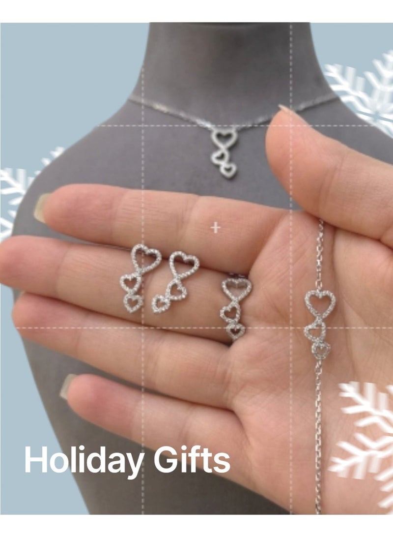 Al Kasr Jewelry Triple Heart Set - Elegant Intertwined Design - Sterling Silver 925 with Zircon Stones Plated Rhodium White Gold 18K - Image 2