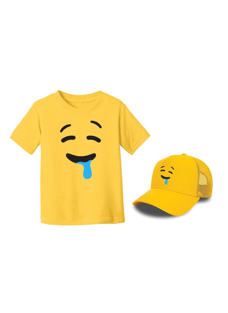 PRINTSHOP4ME - Kids Yellow Smiley Face Pack Of 2 T-Shirt And Cap Combo–Unisex Round Neck Short Sleeve Cotton T-Shirt - Image 1
