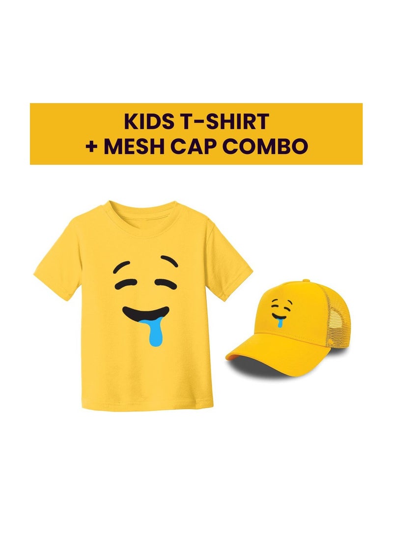 PRINTSHOP4ME - Kids Yellow Smiley Face Pack Of 2 T-Shirt And Cap Combo–Unisex Round Neck Short Sleeve Cotton T-Shirt - Image 1