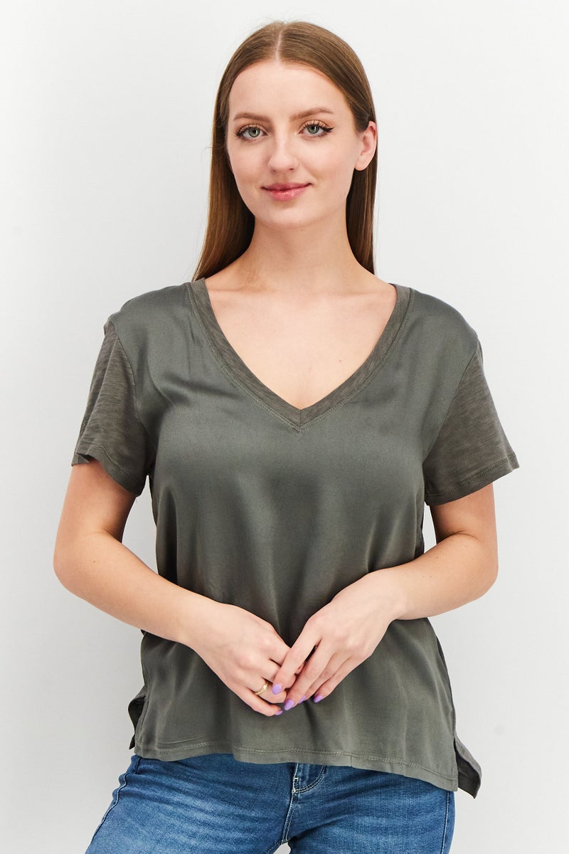 Splendid Women V Neck Short Sleeves Plain Top, Grey - Image 1