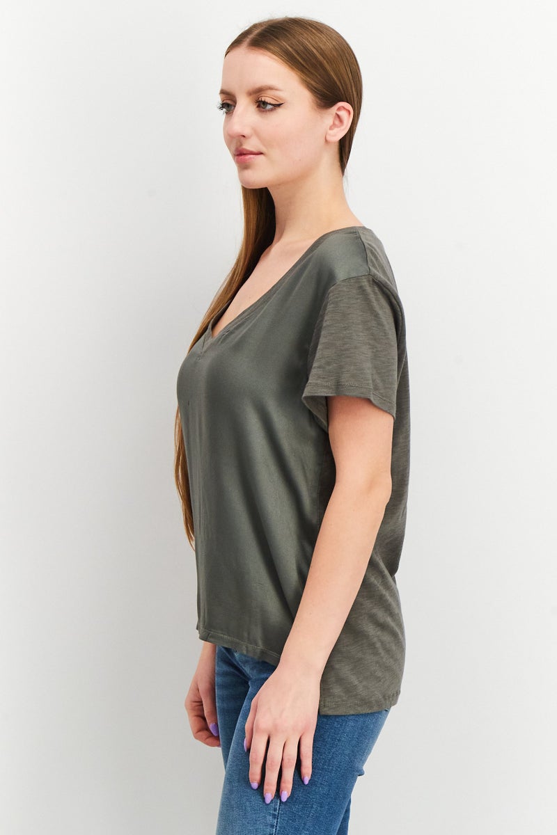 Splendid Women V Neck Short Sleeves Plain Top, Grey - Image 2
