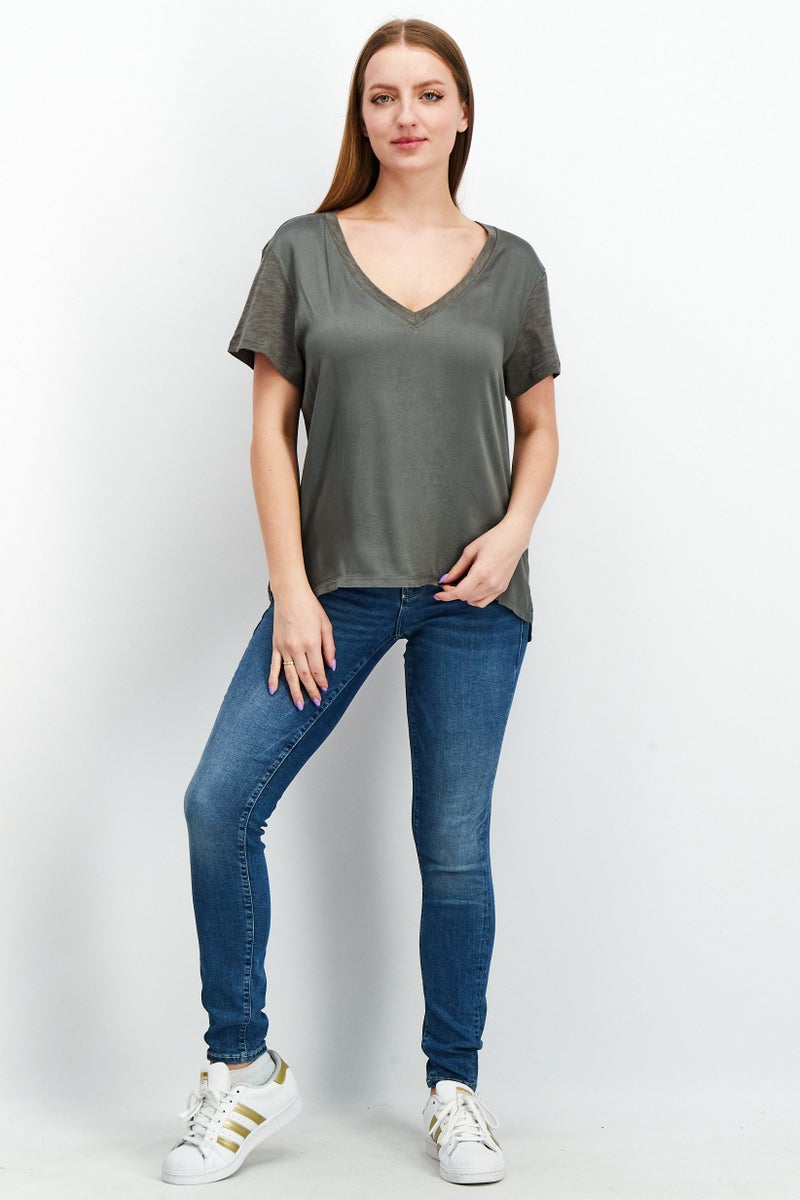 Splendid Women V Neck Short Sleeves Plain Top, Grey - Image 2