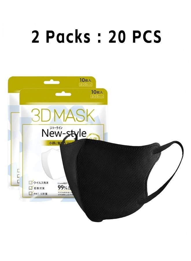 20 PCS 3D Disposable Adult Face Masks, 3-Layer Meltblown Filter Black Masks with Elastic Earloops - Image 1