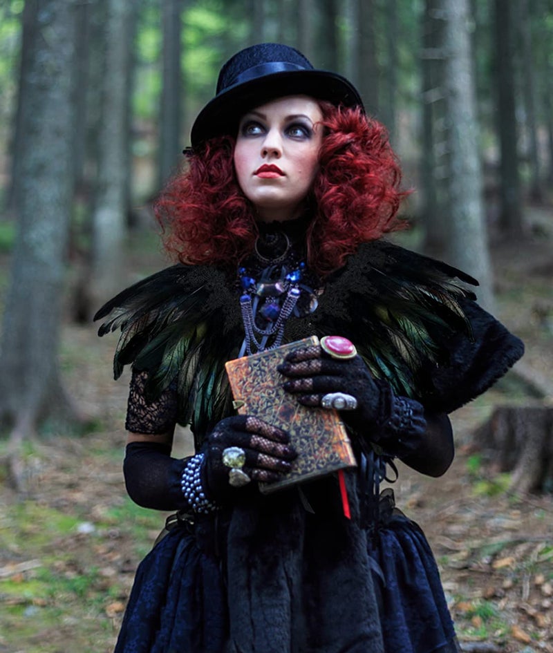 L'VOW Gothic Black Feather Shrug Cape Shawl Halloween Witch Costume Women(Black) - Image 4