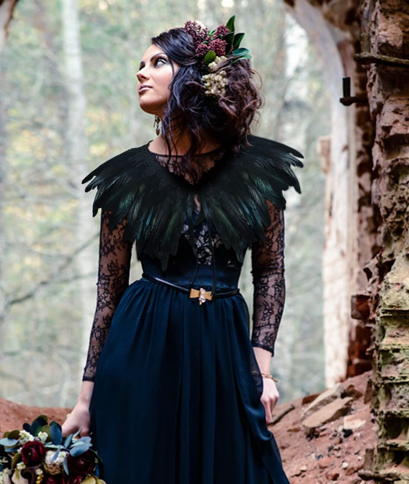 L'VOW Gothic Black Feather Shrug Cape Shawl Halloween Witch Costume Women(Black) - Image 5