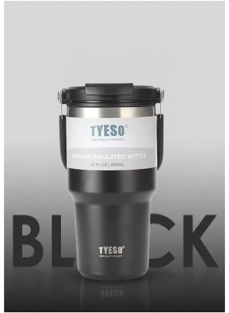 TYESO Stainless Steel Coffee Cup Cold And Hot Double-layer Insulated Cup Tumbler Thermo Water Bottle with Straw and Handle (Black) 600ml - Image 4