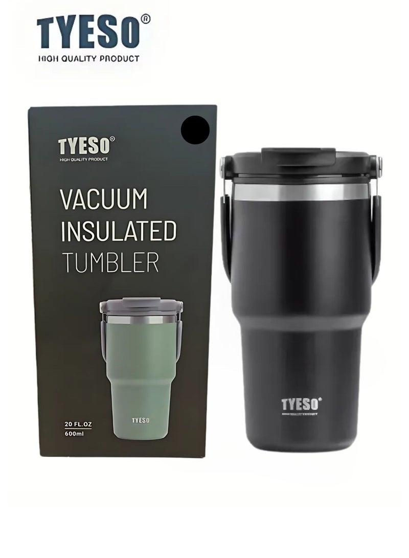 TYESO Stainless Steel Coffee Cup Cold And Hot Double-layer Insulated Cup Tumbler Thermo Water Bottle with Straw and Handle (Black) 600ml - Image 1