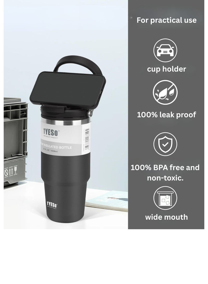 TYESO Stainless Steel Coffee Cup Cold And Hot Double-layer Insulated Cup Tumbler Thermo Water Bottle with Straw and Handle (Black) 600ml - Image 3