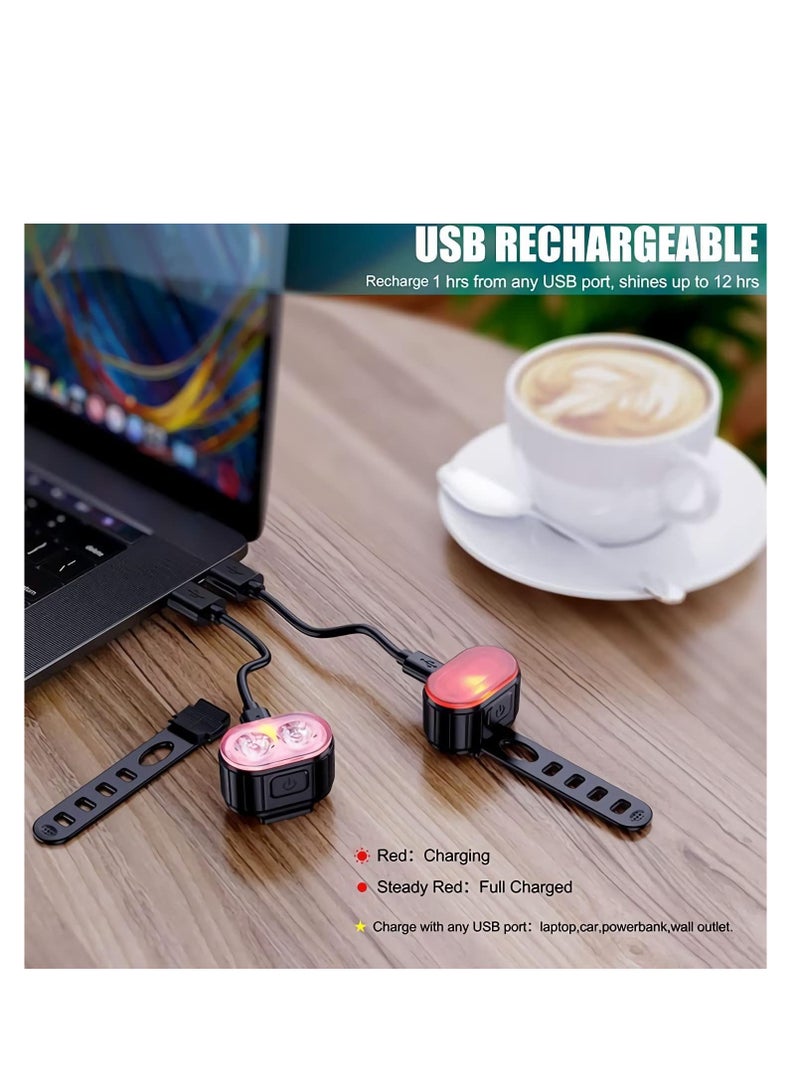 Bike Lights Set, USB Rechargeable, Ultra Bright LED Cycle Light Front and Back Rear Light, IPX5 Waterproof Bike Light Set for Night Riding/Camping, 10 Lighting Modes, Longer Battery Life