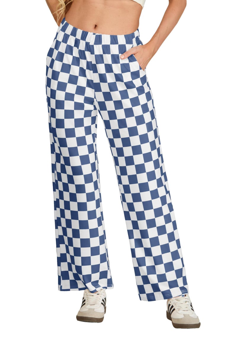 IWOLLENCE Women's Wide Leg Pants Casual Loose High Waist Checkered Loungewear Teen's Gingham Sweatpants Navy Blue White, L - Image 3