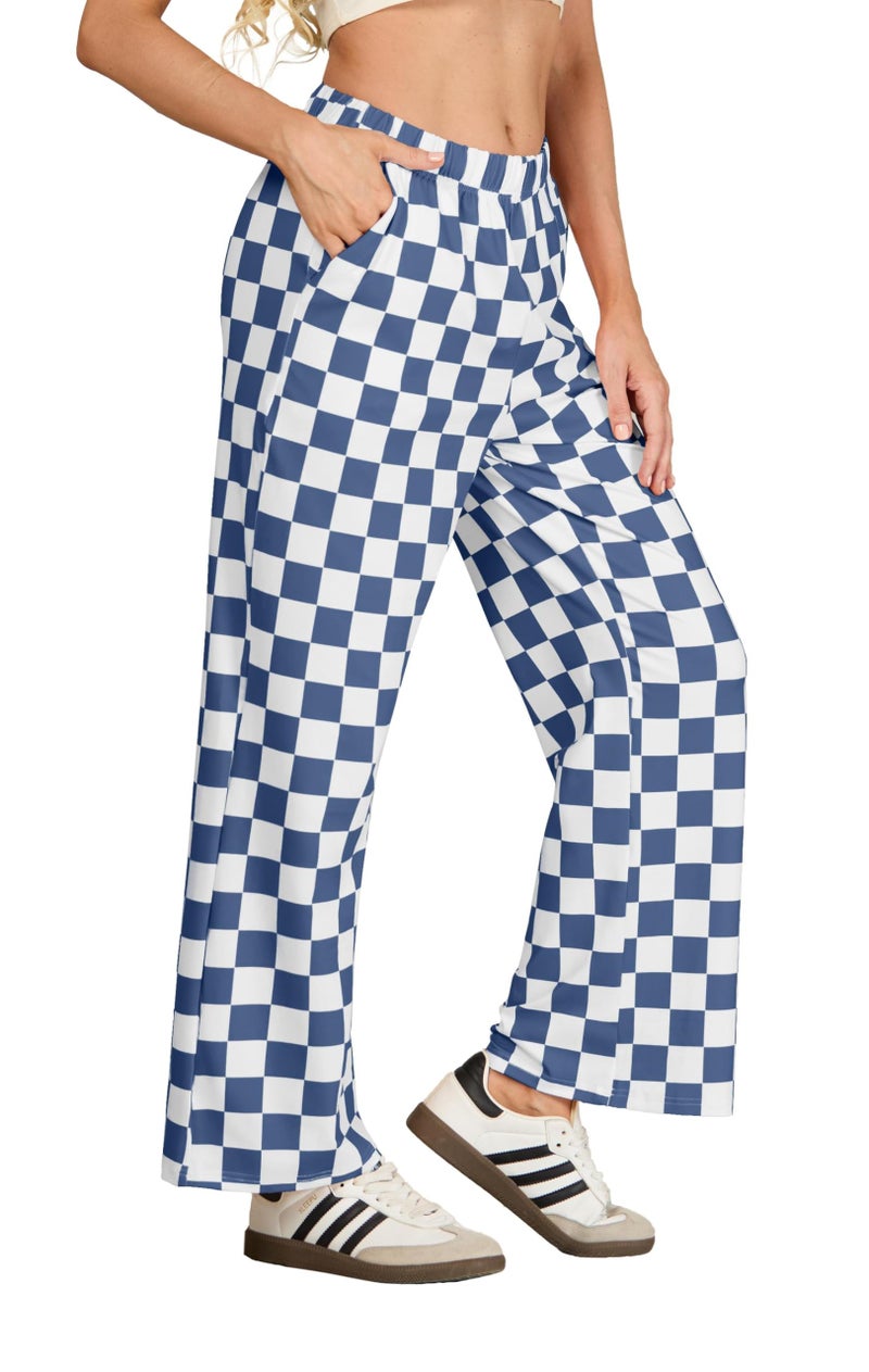 IWOLLENCE Women's Wide Leg Pants Casual Loose High Waist Checkered Loungewear Teen's Gingham Sweatpants Navy Blue White, L - Image 5