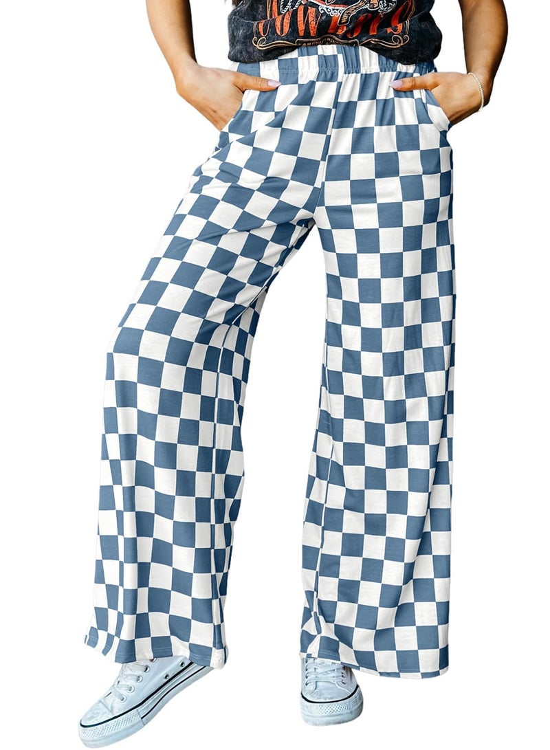 IWOLLENCE Women's Wide Leg Pants Casual Loose High Waist Checkered Loungewear Teen's Gingham Sweatpants Navy Blue White, L - Image 1