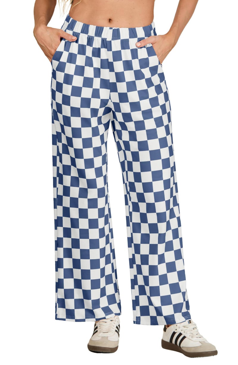 IWOLLENCE Women's Wide Leg Pants Casual Loose High Waist Checkered Loungewear Teen's Gingham Sweatpants Navy Blue White, L - Image 2