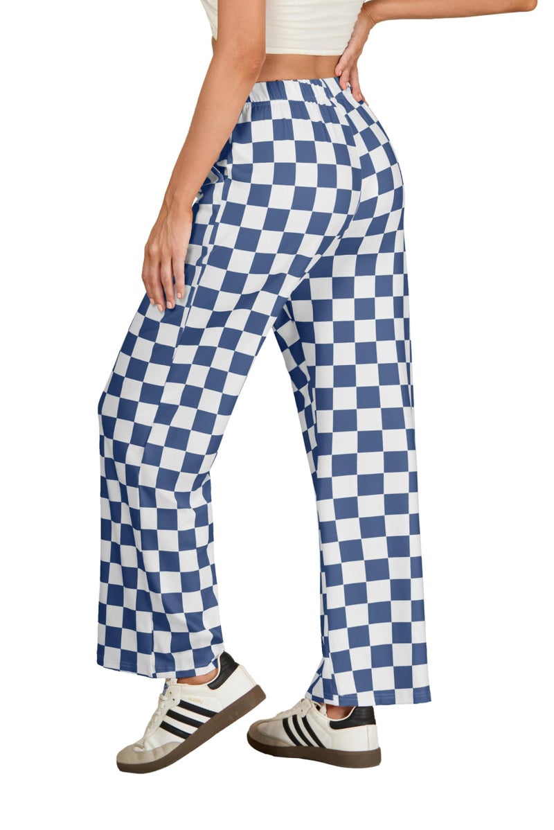 IWOLLENCE Women's Wide Leg Pants Casual Loose High Waist Checkered Loungewear Teen's Gingham Sweatpants Navy Blue White, L - Image 4