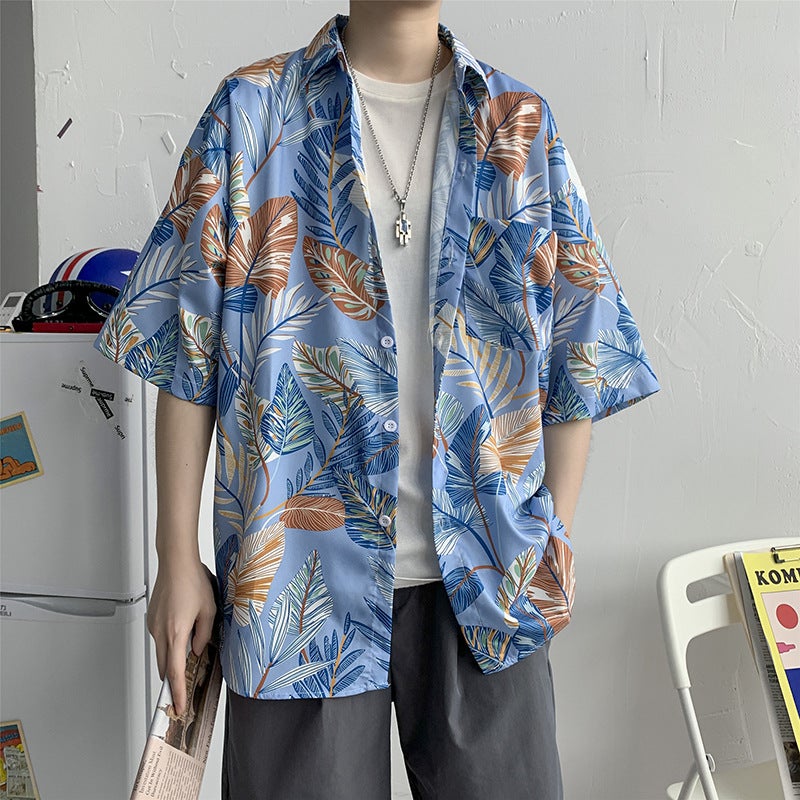 2022 Summer Floral Shirt Mens Short-sleeved Japanese-style Casual Beach Loose Cool Trendy Half-sleeved Shirt Cardigan Blue  - Image 1