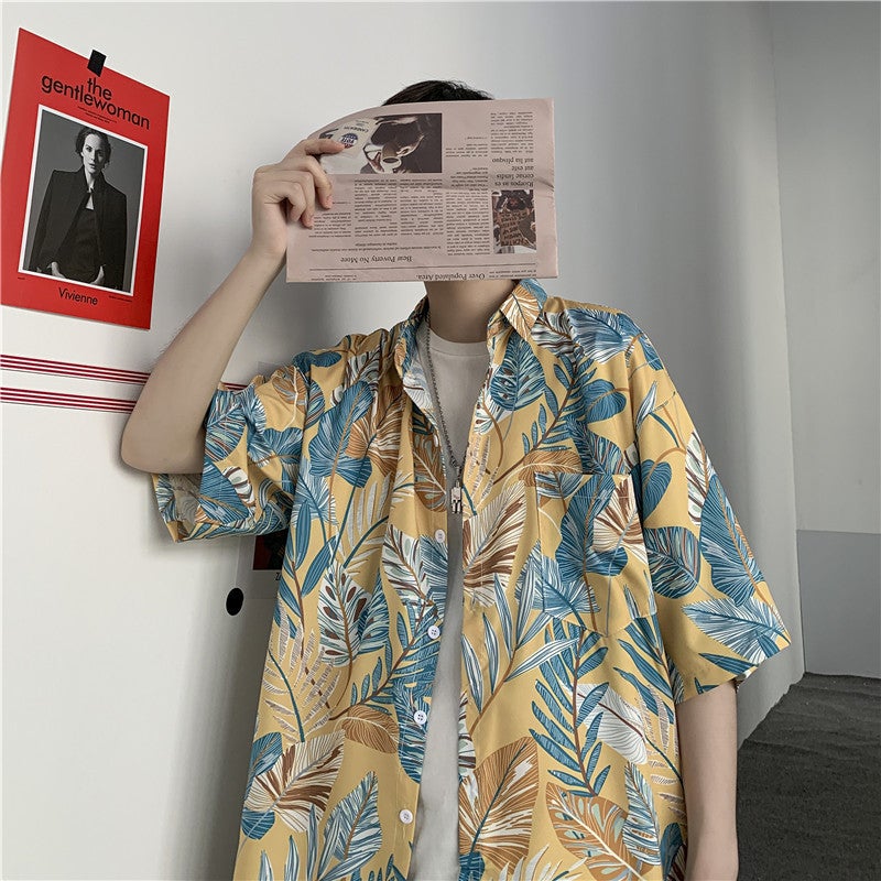 2022 Summer Floral Shirt Mens Short-sleeved Japanese-style Casual Beach Loose Cool Trendy Half-sleeved Shirt Cardigan Blue  - Image 2