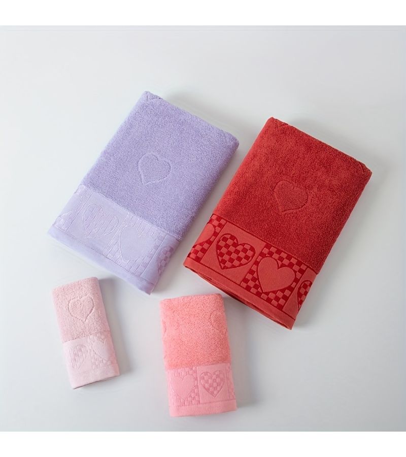 Dark Pink 8-Piece Jacquard Cotton Bath Towel Set With Love Heart Pattern - Image 1
