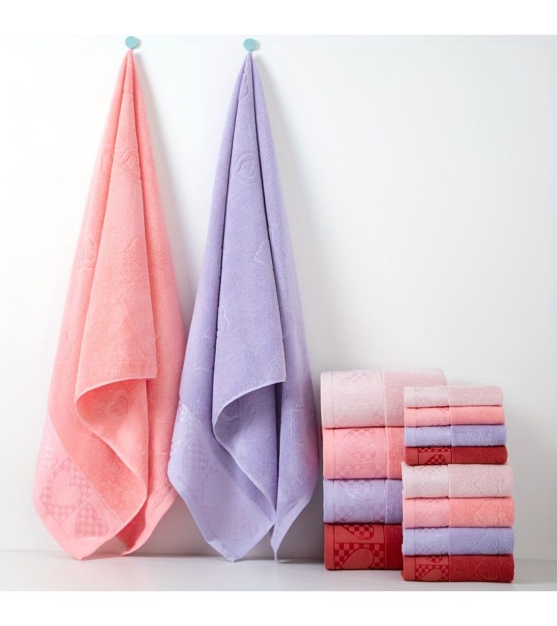 Dark Pink 8-Piece Jacquard Cotton Bath Towel Set With Love Heart Pattern - Image 3