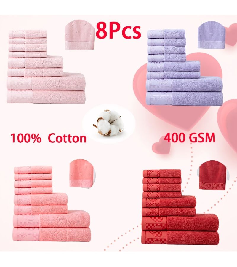 Dark Pink 8-Piece Jacquard Cotton Bath Towel Set With Love Heart Pattern - Image 5